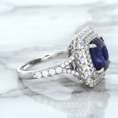 4.35ct Cushion Blue Sapphire Ring with Double Diamond Halo in 18K White Gold