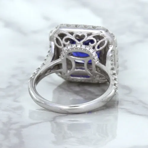 4.35ct Cushion Blue Sapphire Ring with Double Diamond Halo in 18K White Gold