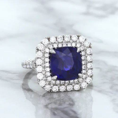 4.35ct Cushion Blue Sapphire Ring with Double Diamond Halo in 18K White Gold