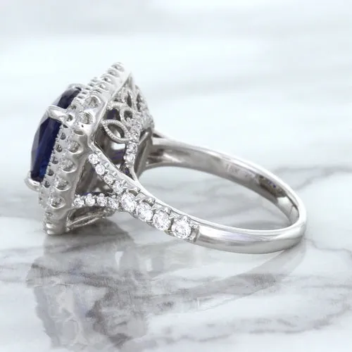 4.35ct Cushion Blue Sapphire Ring with Double Diamond Halo in 18K White Gold