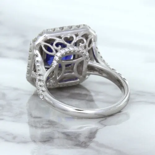 4.35ct Cushion Blue Sapphire Ring with Double Diamond Halo in 18K White Gold