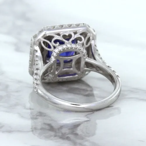 4.35ct Cushion Blue Sapphire Ring with Double Diamond Halo in 18K White Gold