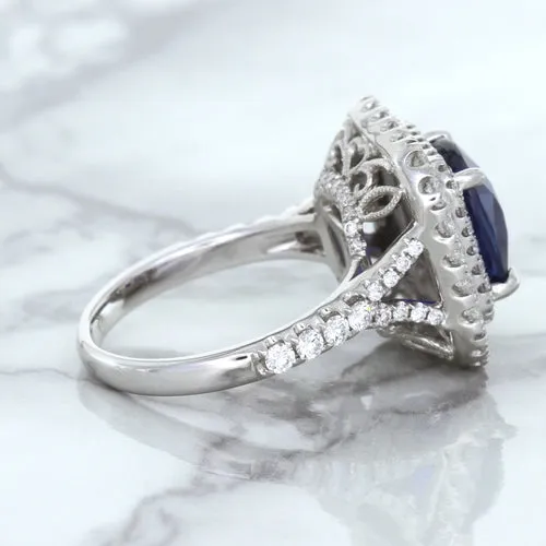 4.35ct Cushion Blue Sapphire Ring with Double Diamond Halo in 18K White Gold