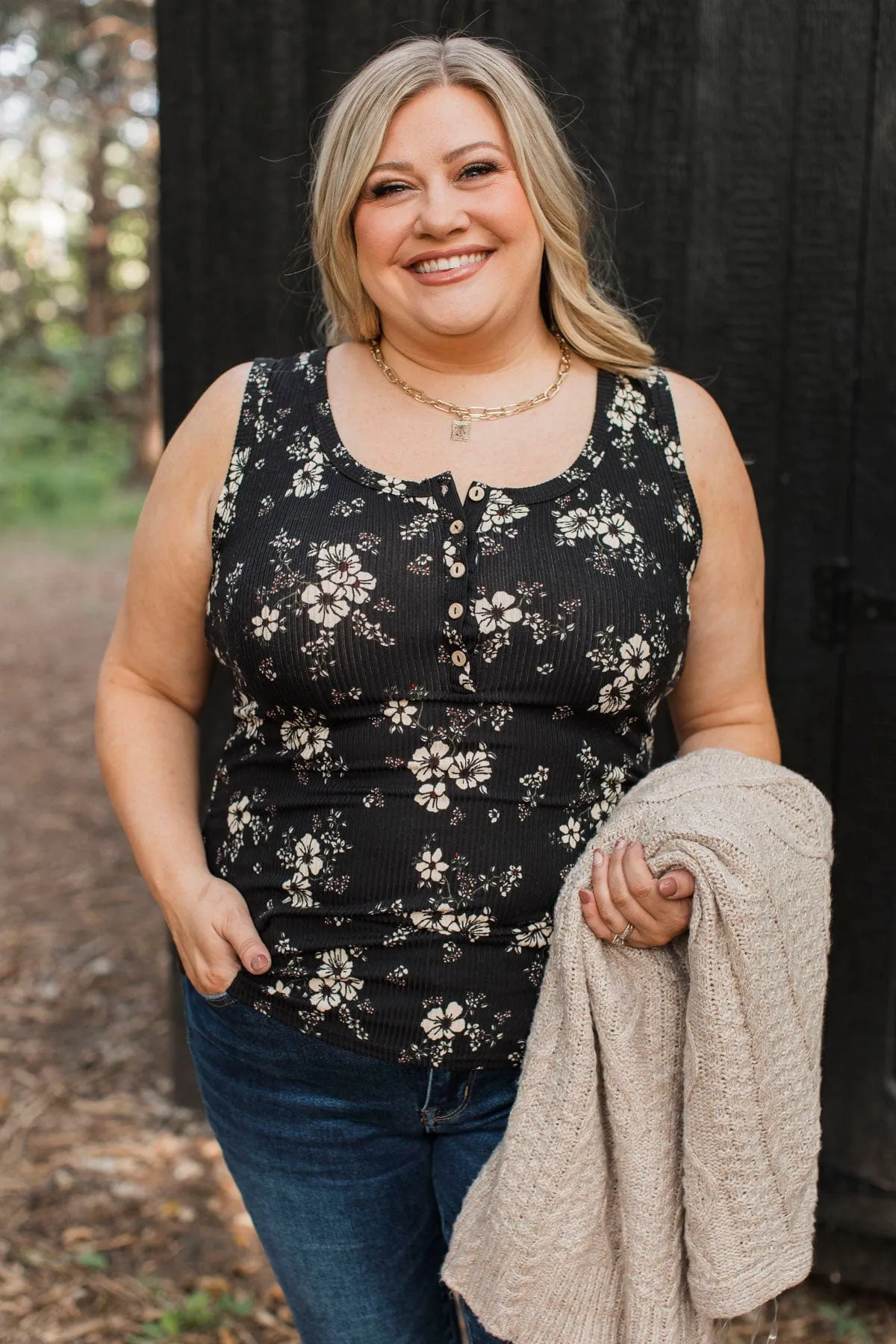 A Chance At Love Floral Tank Top- Black & Taupe