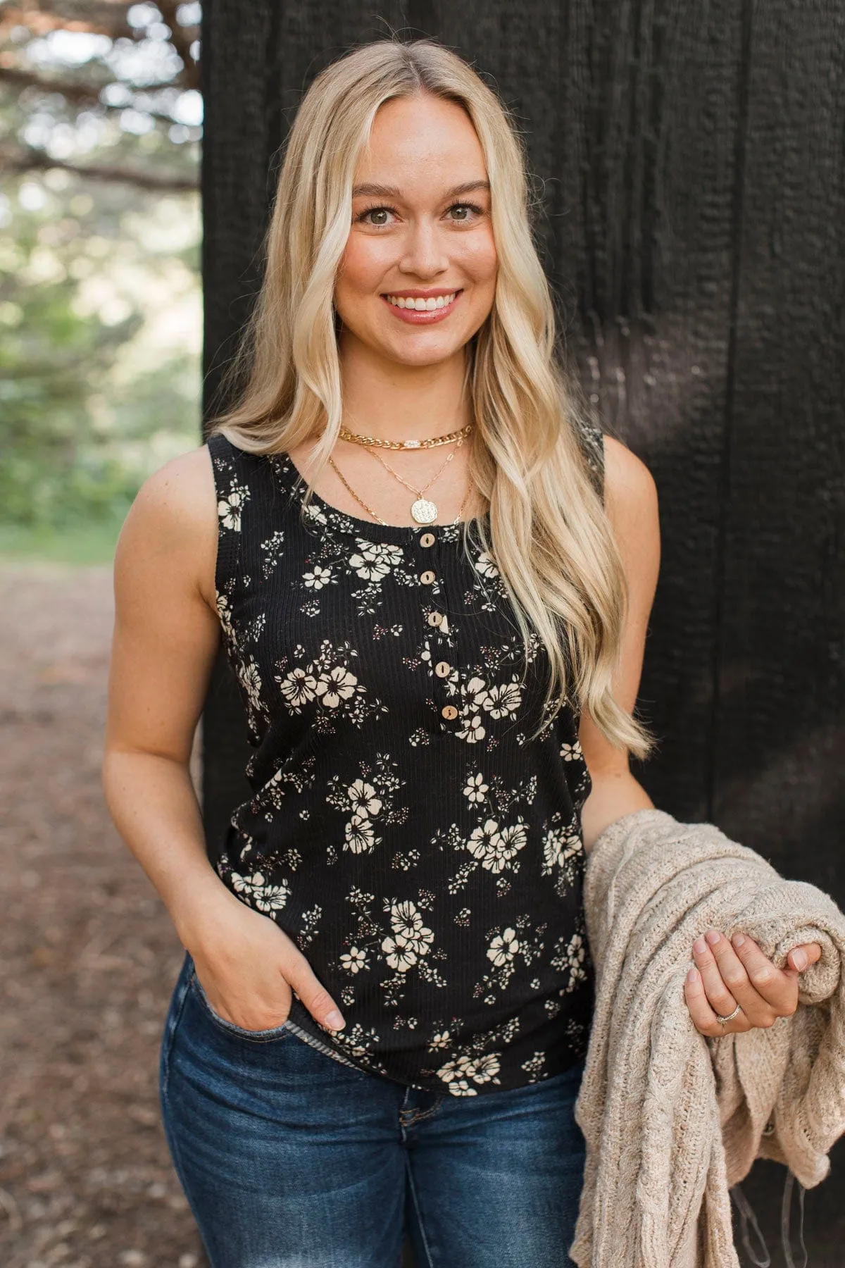A Chance At Love Floral Tank Top- Black & Taupe