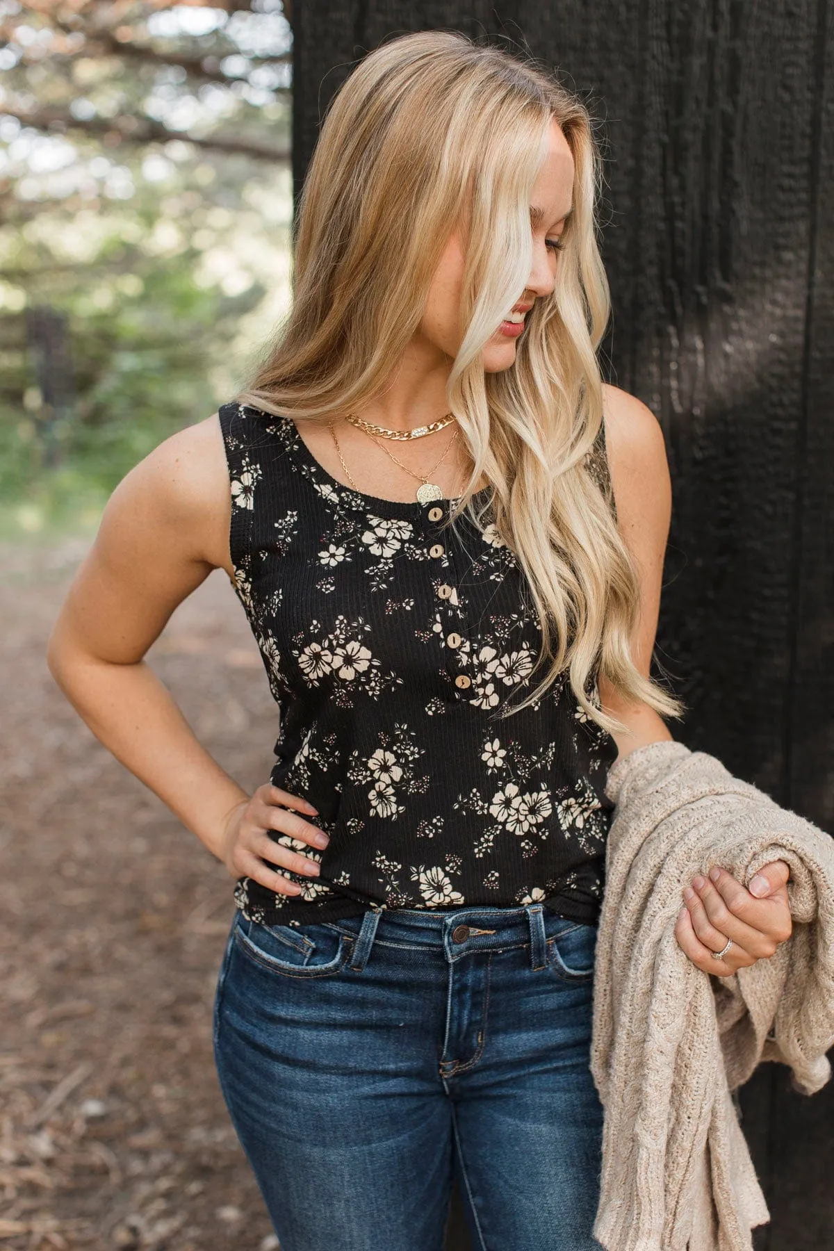 A Chance At Love Floral Tank Top- Black & Taupe