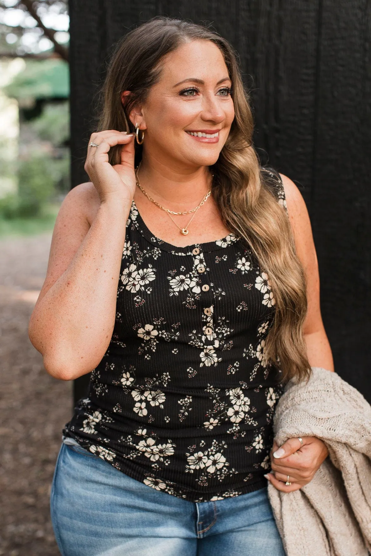 A Chance At Love Floral Tank Top- Black & Taupe