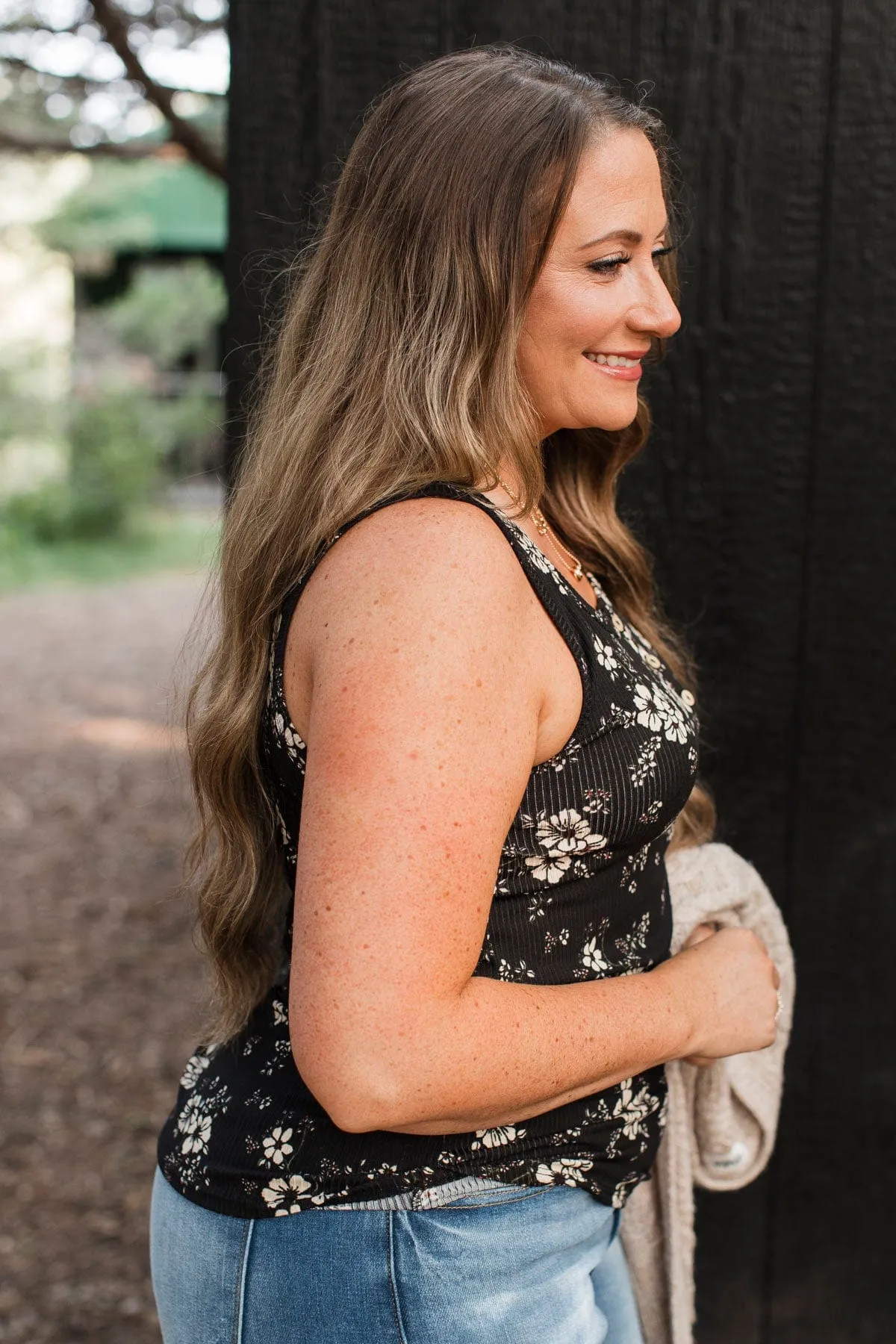 A Chance At Love Floral Tank Top- Black & Taupe