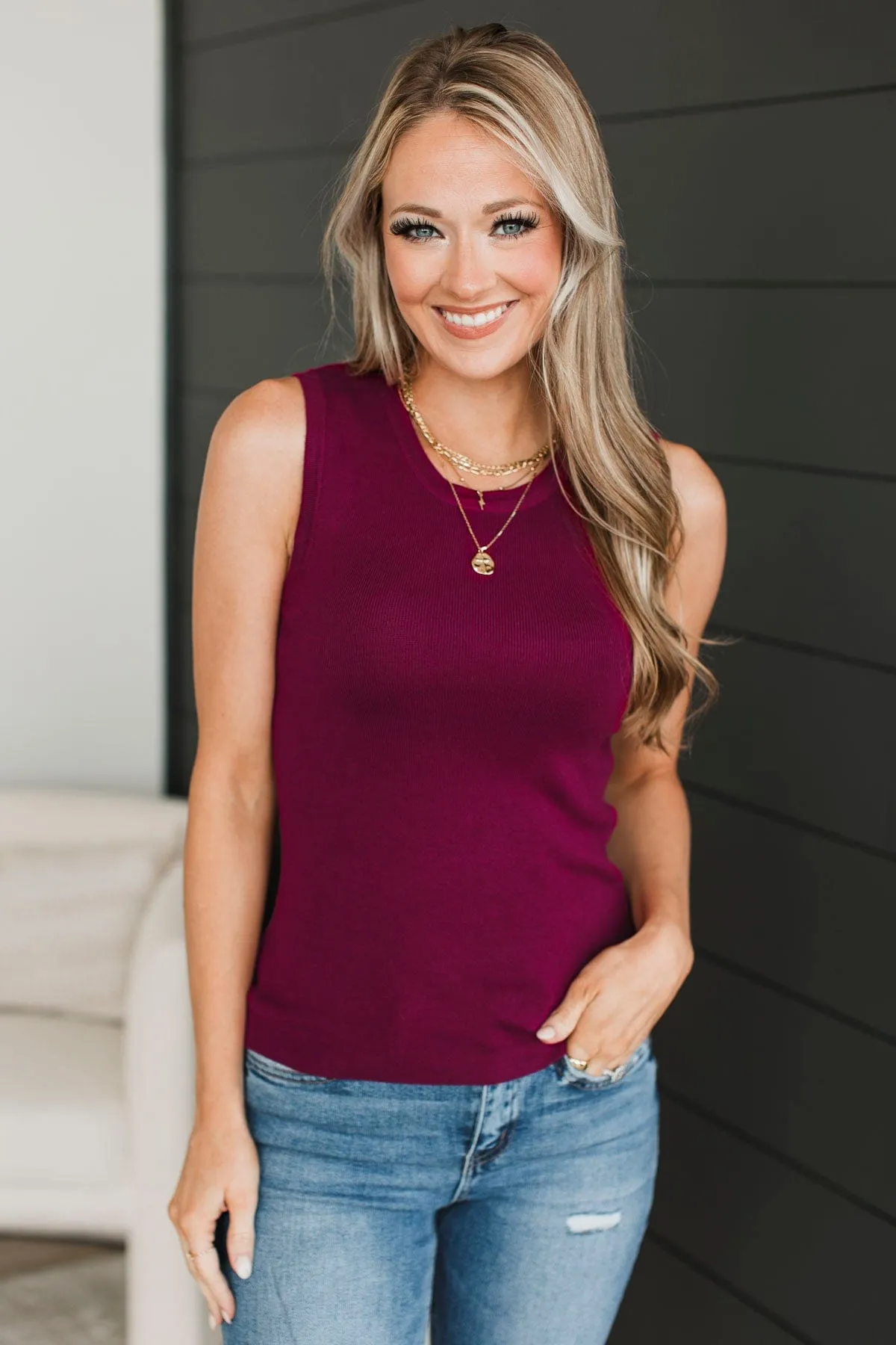 A Perfect Day Ribbed Knit Tank Top- Dark Magenta