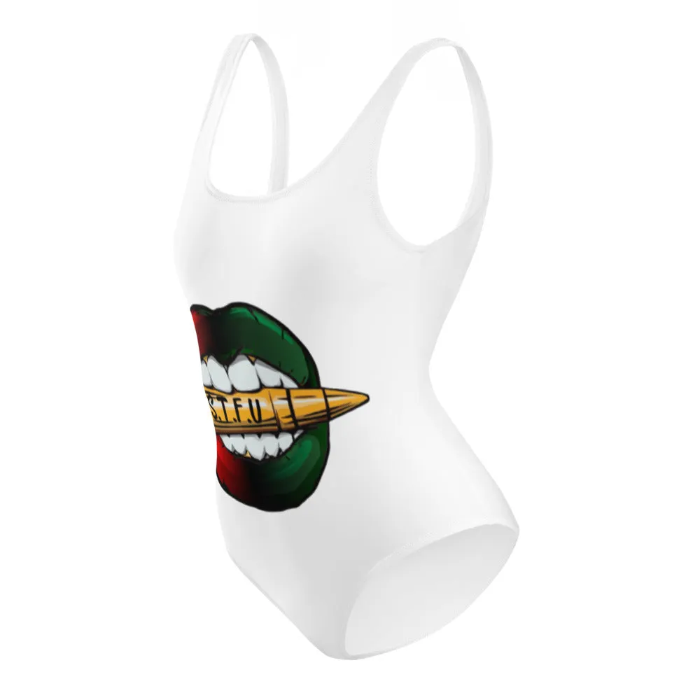 Afrocentric Logo One-Piece Swimsuit - White