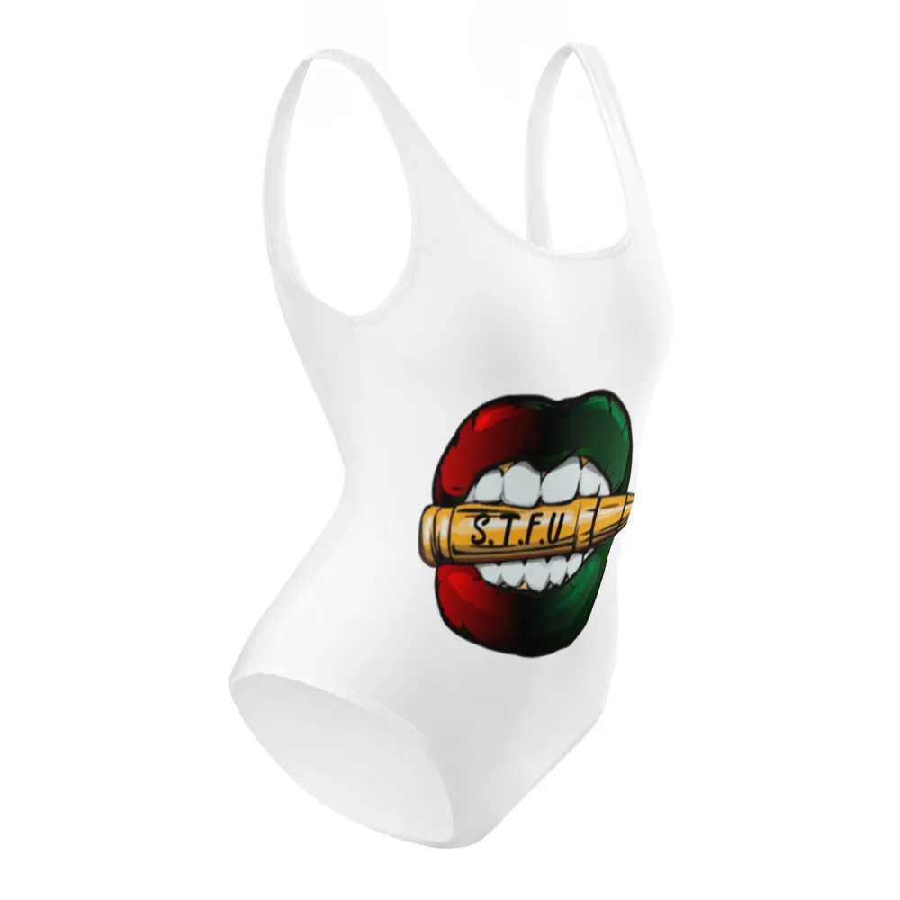 Afrocentric Logo One-Piece Swimsuit - White