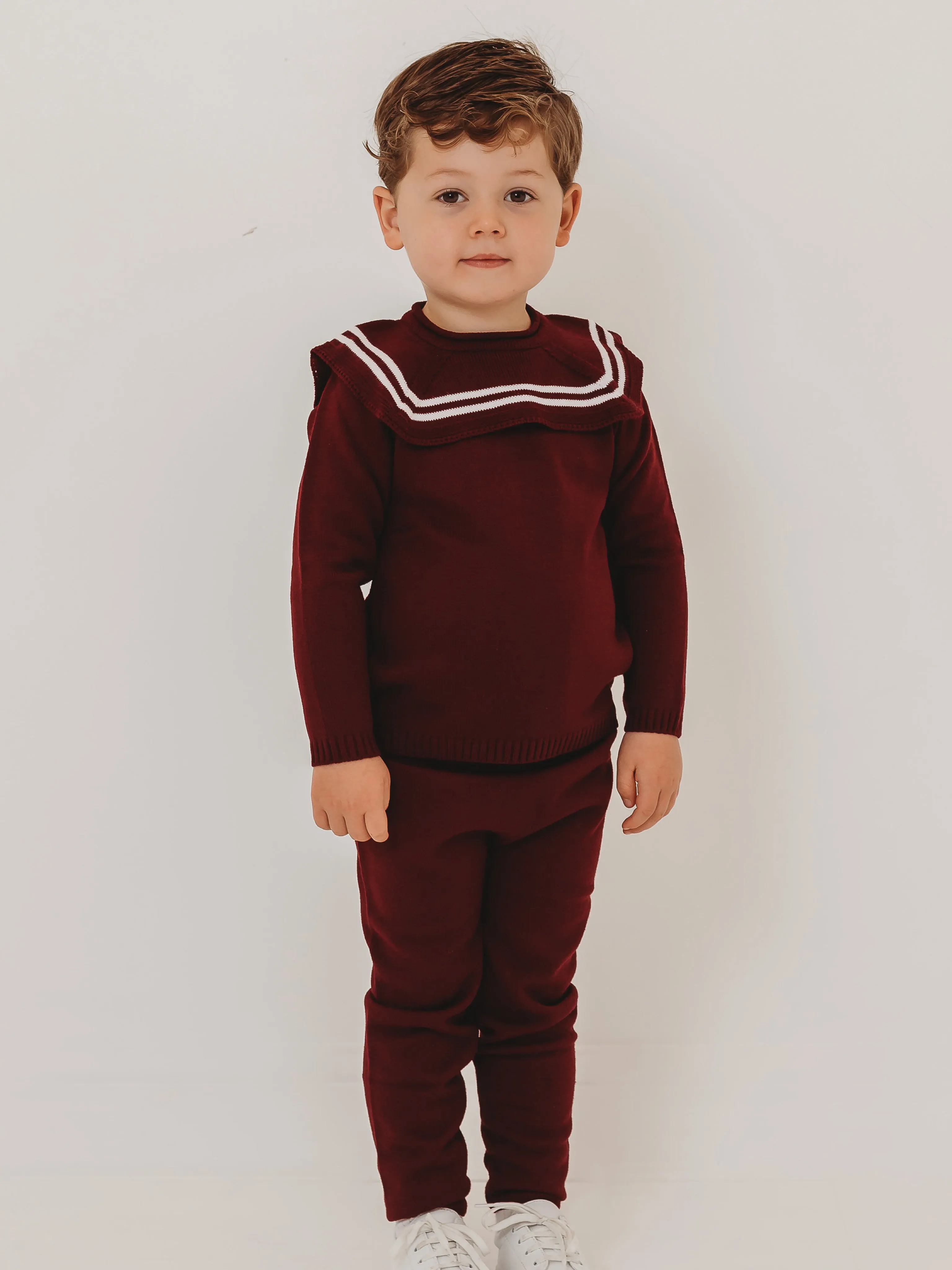 'Alfie' burgundy & ivory knitted suit with sailor collar