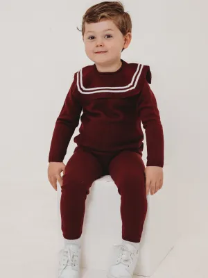 'Alfie' burgundy & ivory knitted suit with sailor collar