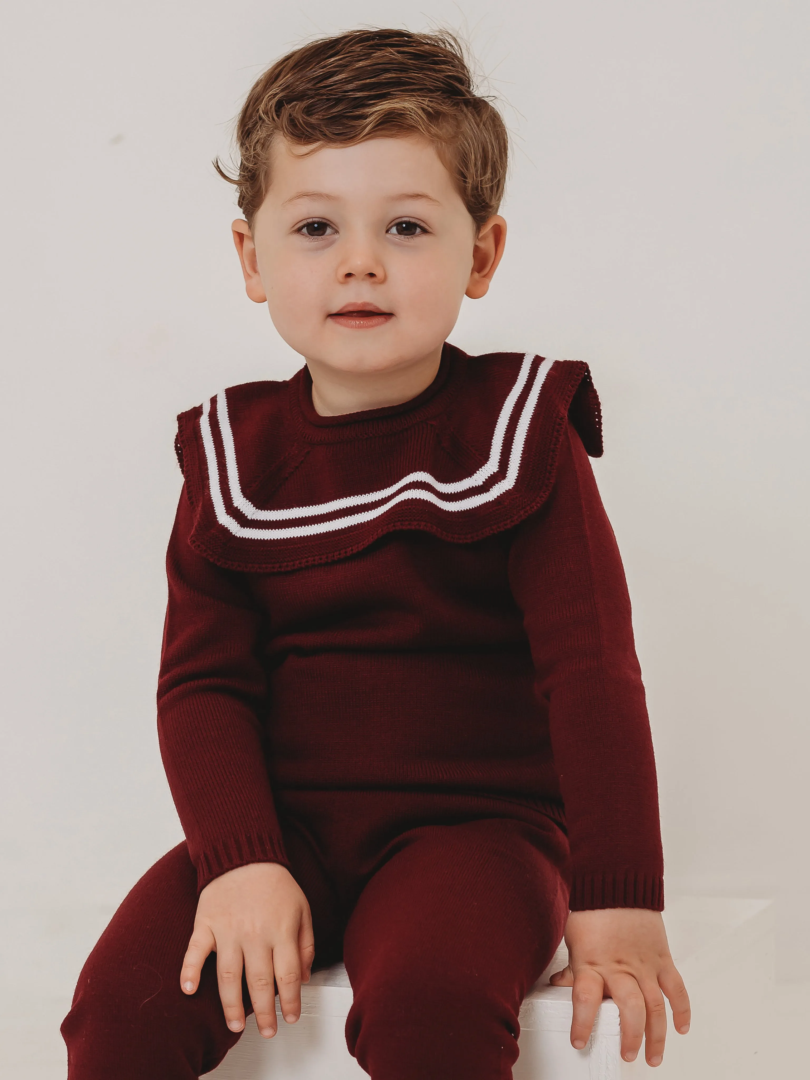 'Alfie' burgundy & ivory knitted suit with sailor collar