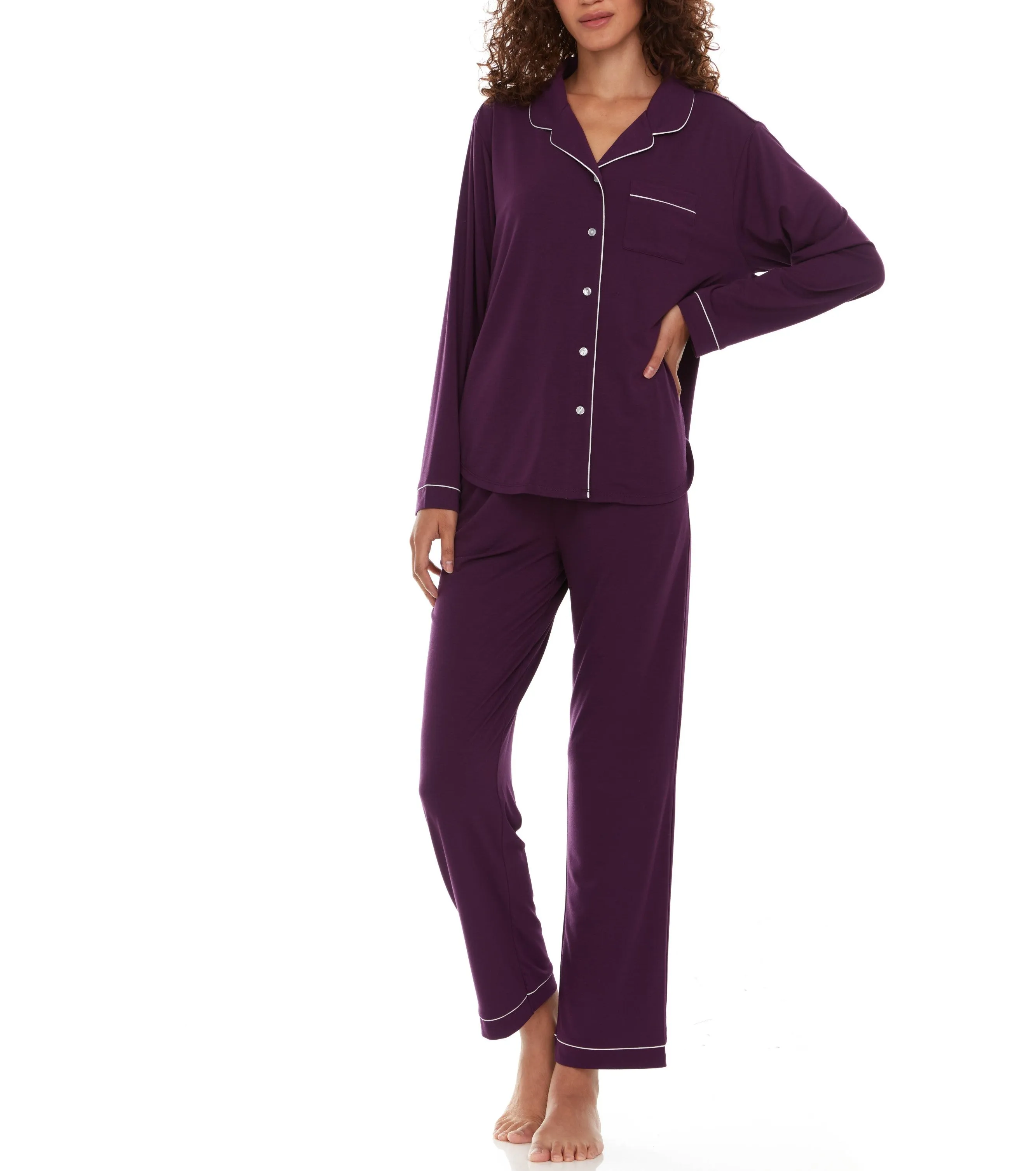 Annie Notch Long PJ Set In Plum - Flora Nikrooz