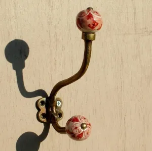 Antique brass effect Double Hook with Ceramic knobs - Red