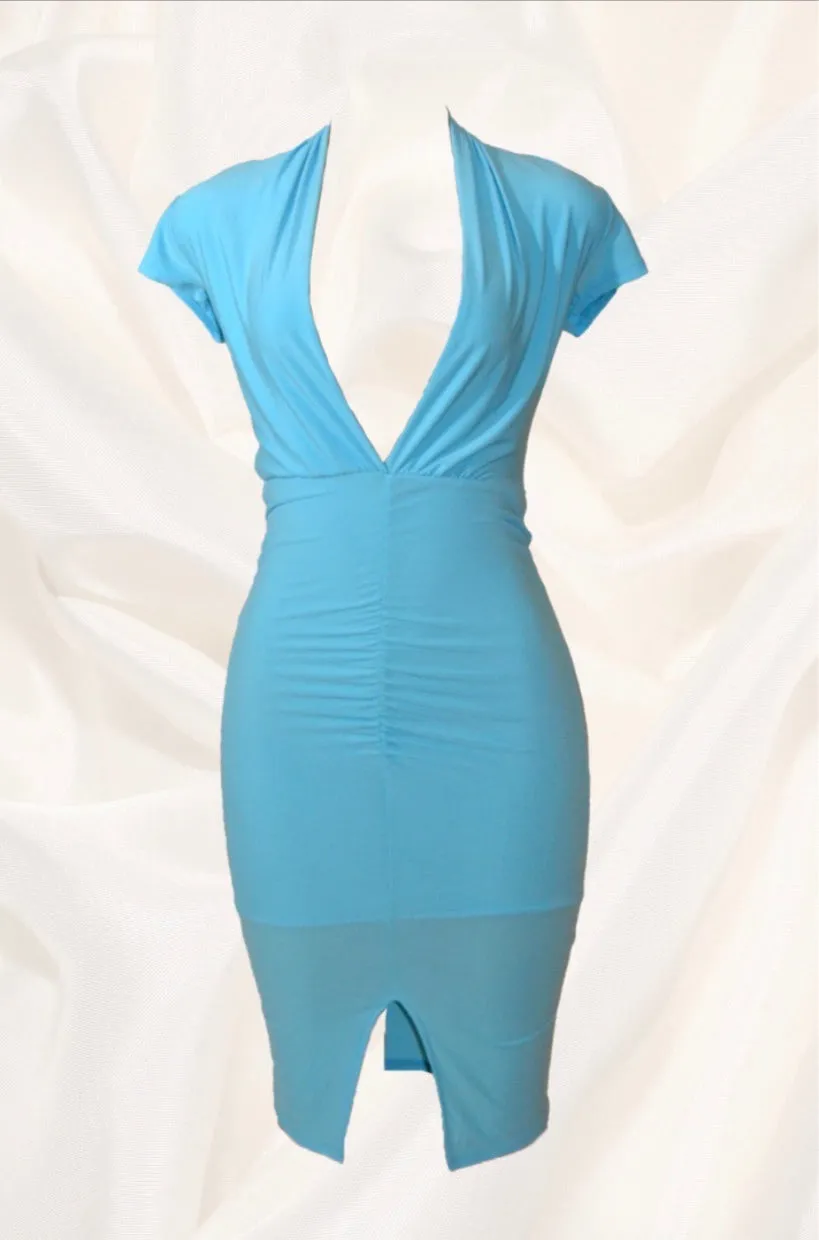 Aurelia Ruched Midi  Bodycon Dress - Ocean blue