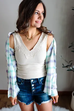 Ayla Lace Trim Ribbed Tank - Taupe