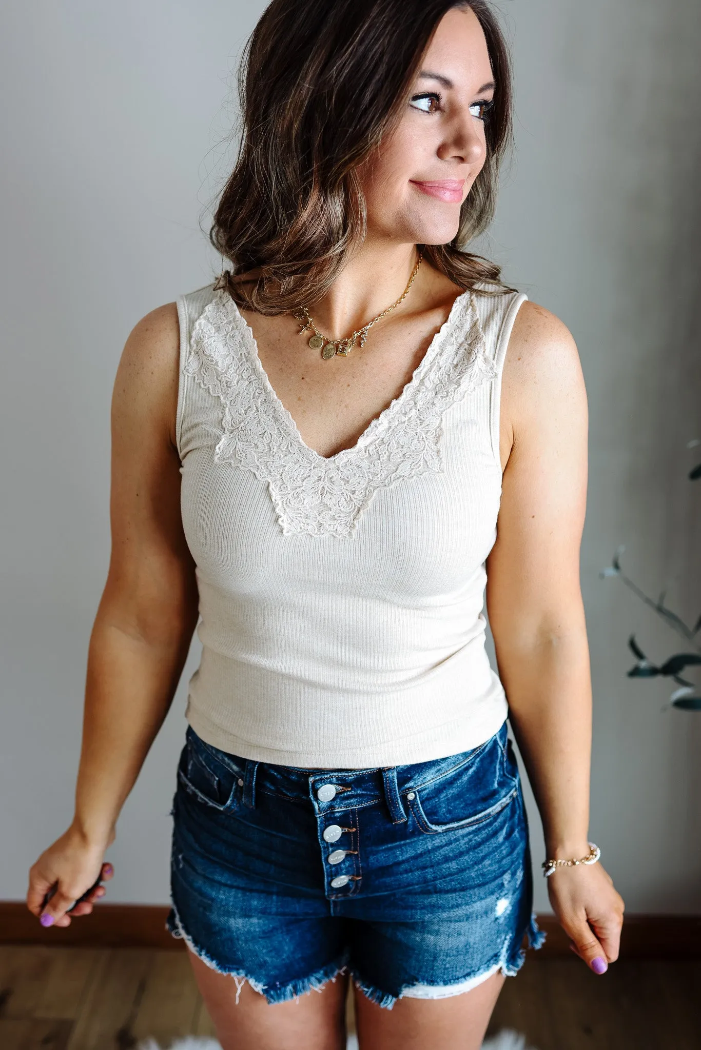 Ayla Lace Trim Ribbed Tank - Taupe