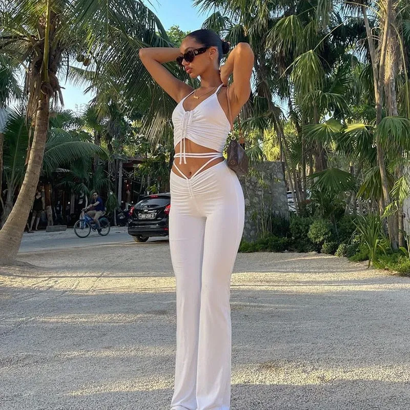 Bandage Blue Suits  Drawstring Halter Top and High Waist Flare Pants 2 Piece Set