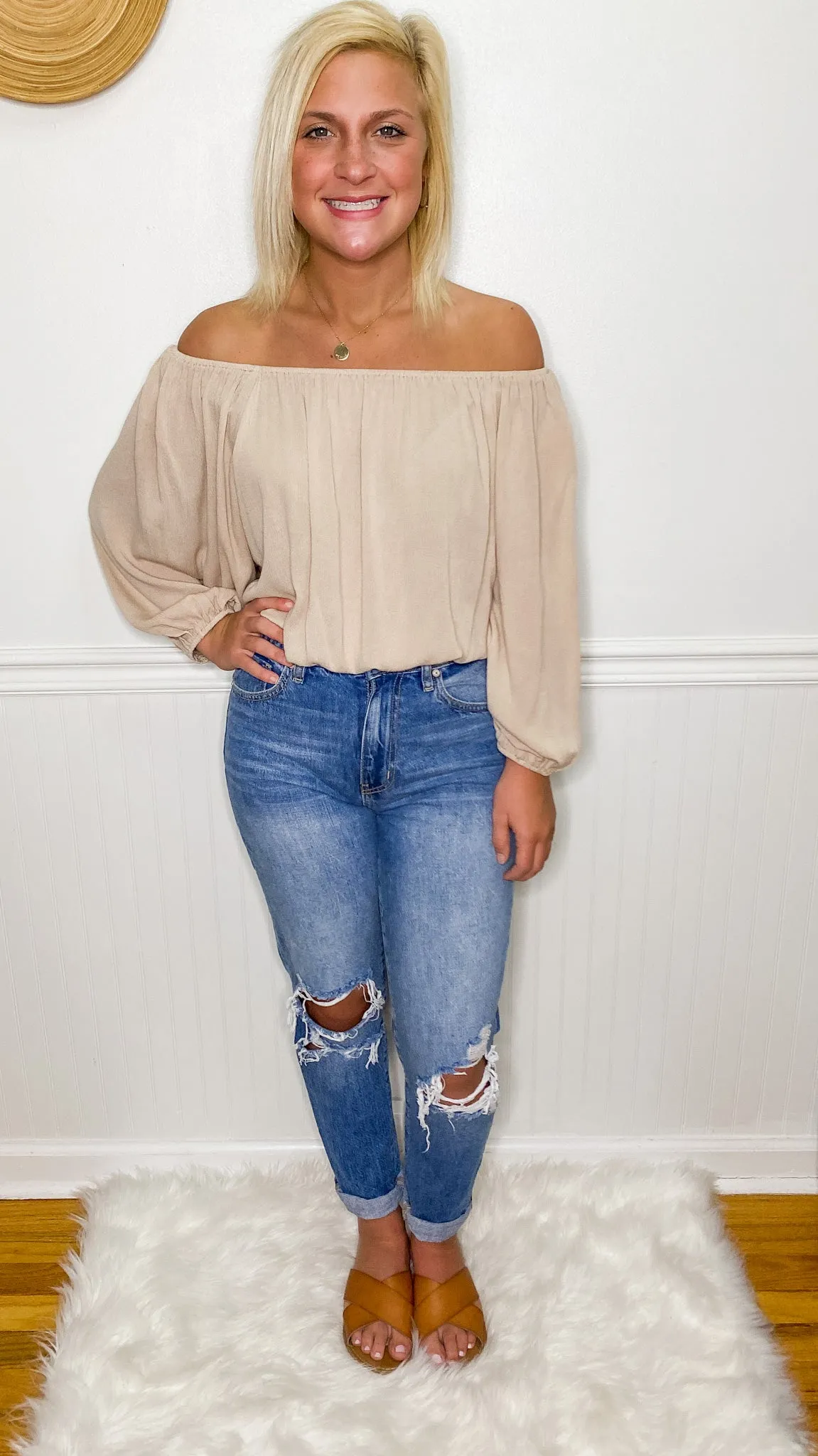 Beige All The Way Off The Shoulder Top