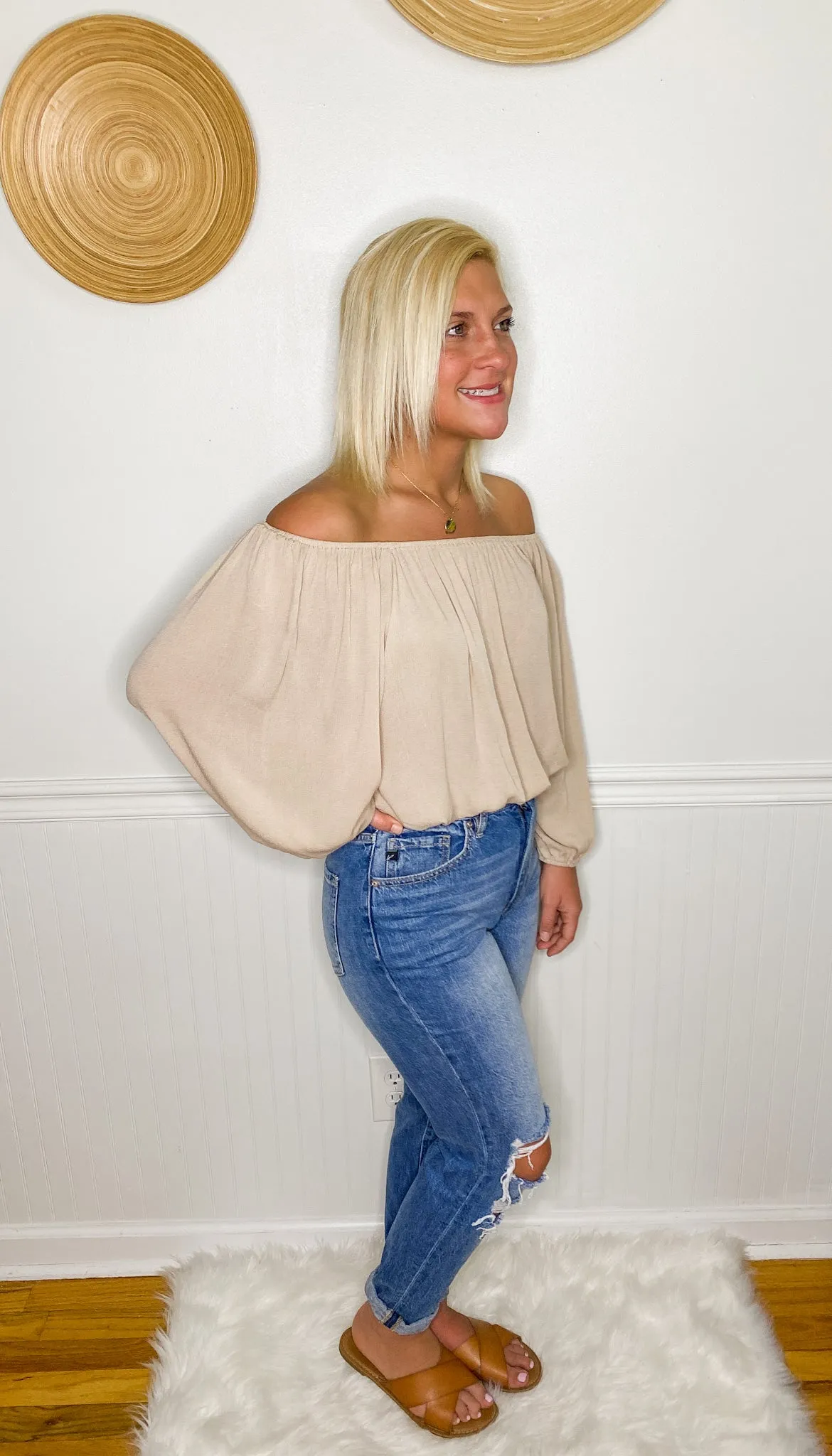 Beige All The Way Off The Shoulder Top