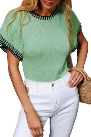 Beige Contrast Trim Round Neck Batwing Sleeve Knitted Top