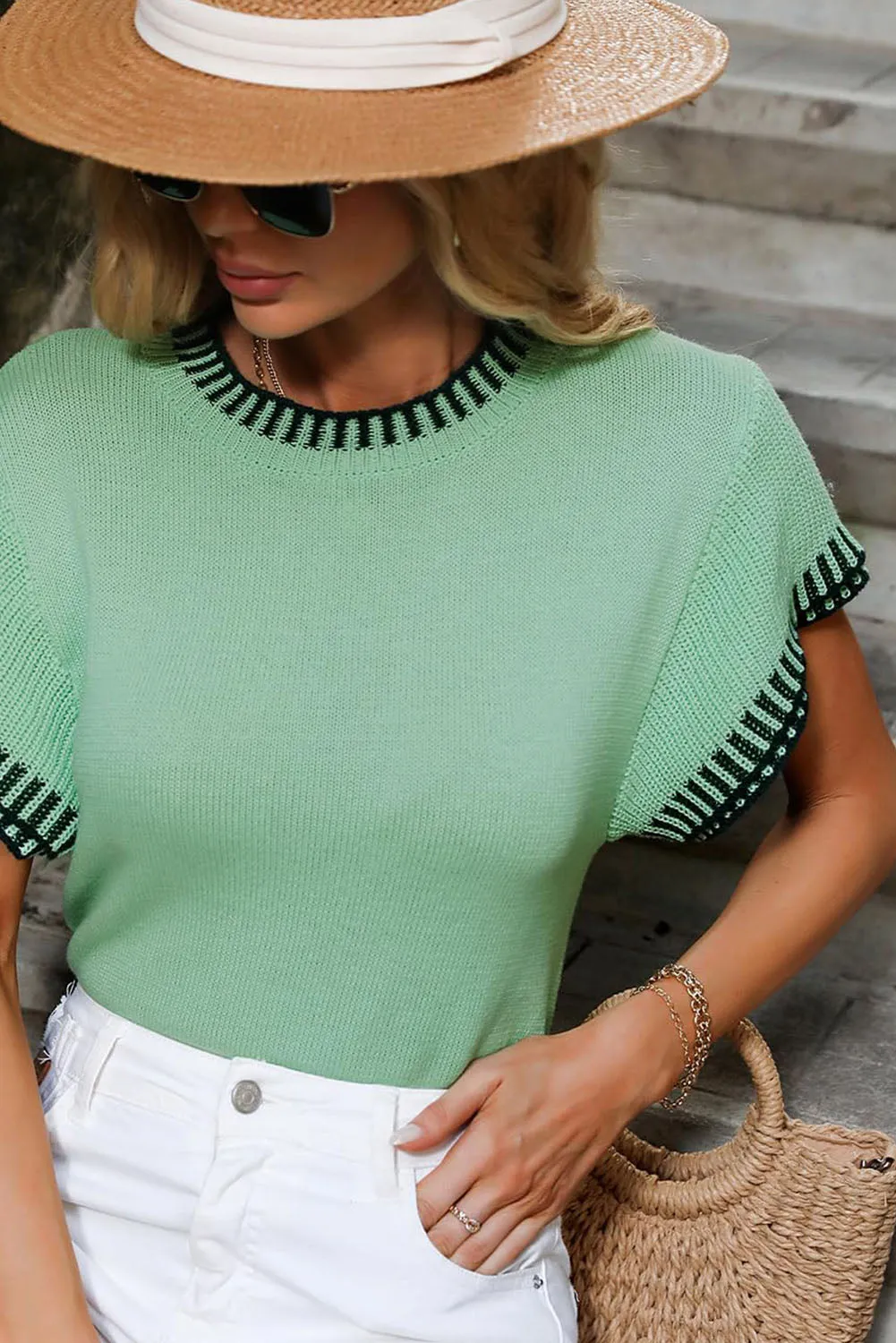 Beige Contrast Trim Round Neck Batwing Sleeve Knitted Top