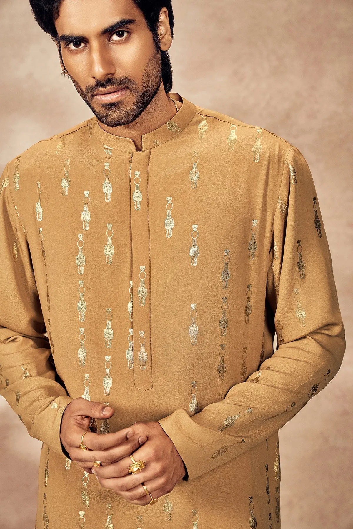 Beige Tribal Pillar Kurta With Beige Pants
