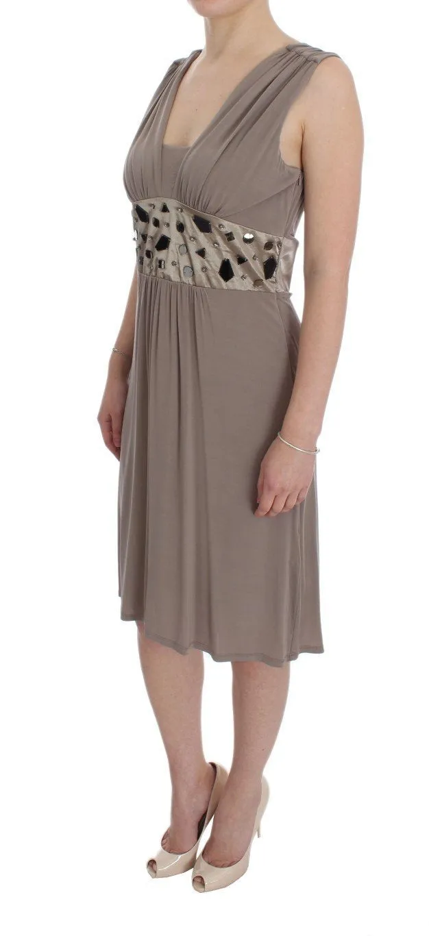 Beige Viscose A-Line Shift Crystal Dress