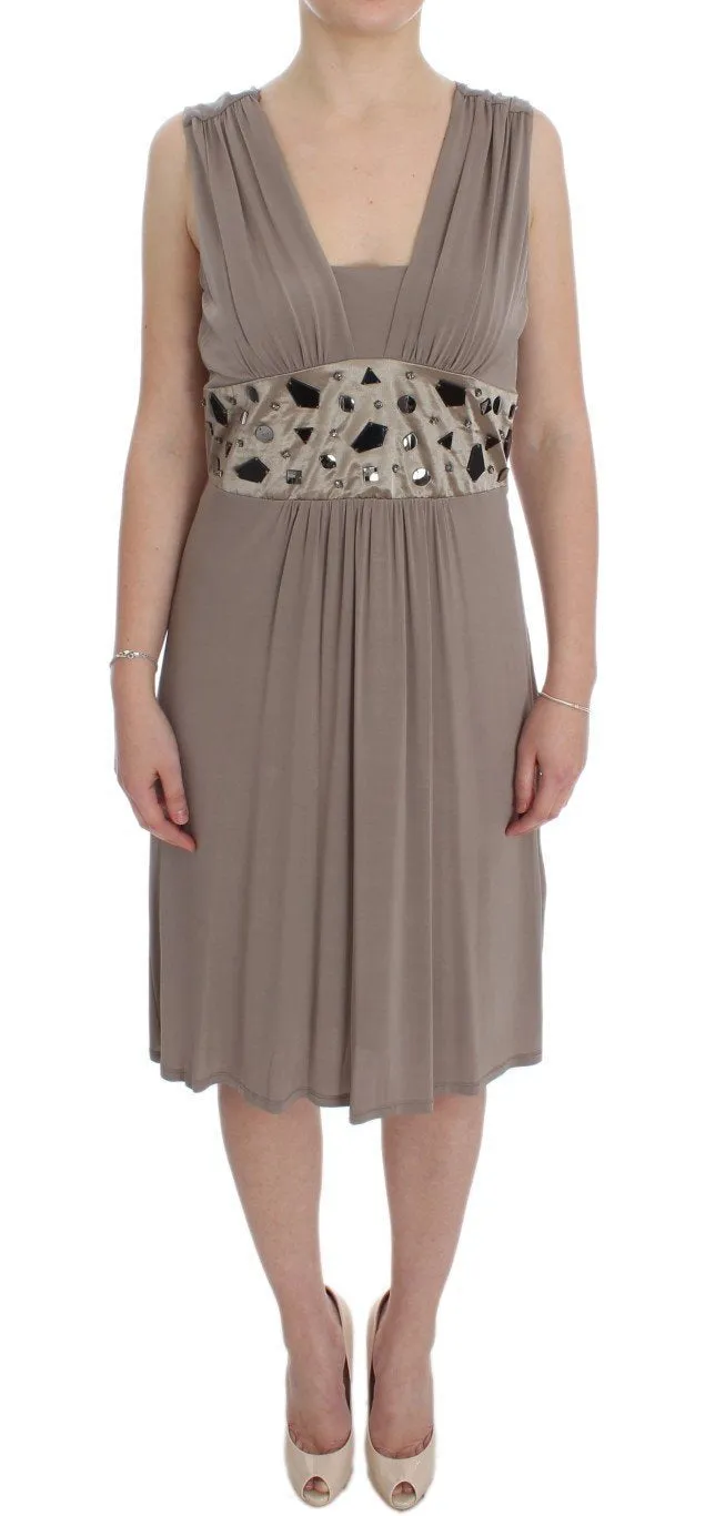 Beige Viscose A-Line Shift Crystal Dress