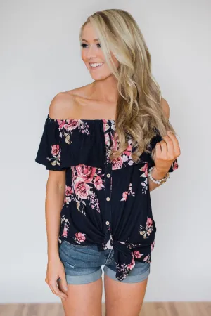 Best of Luck Floral Off the Shoulder Top- Navy