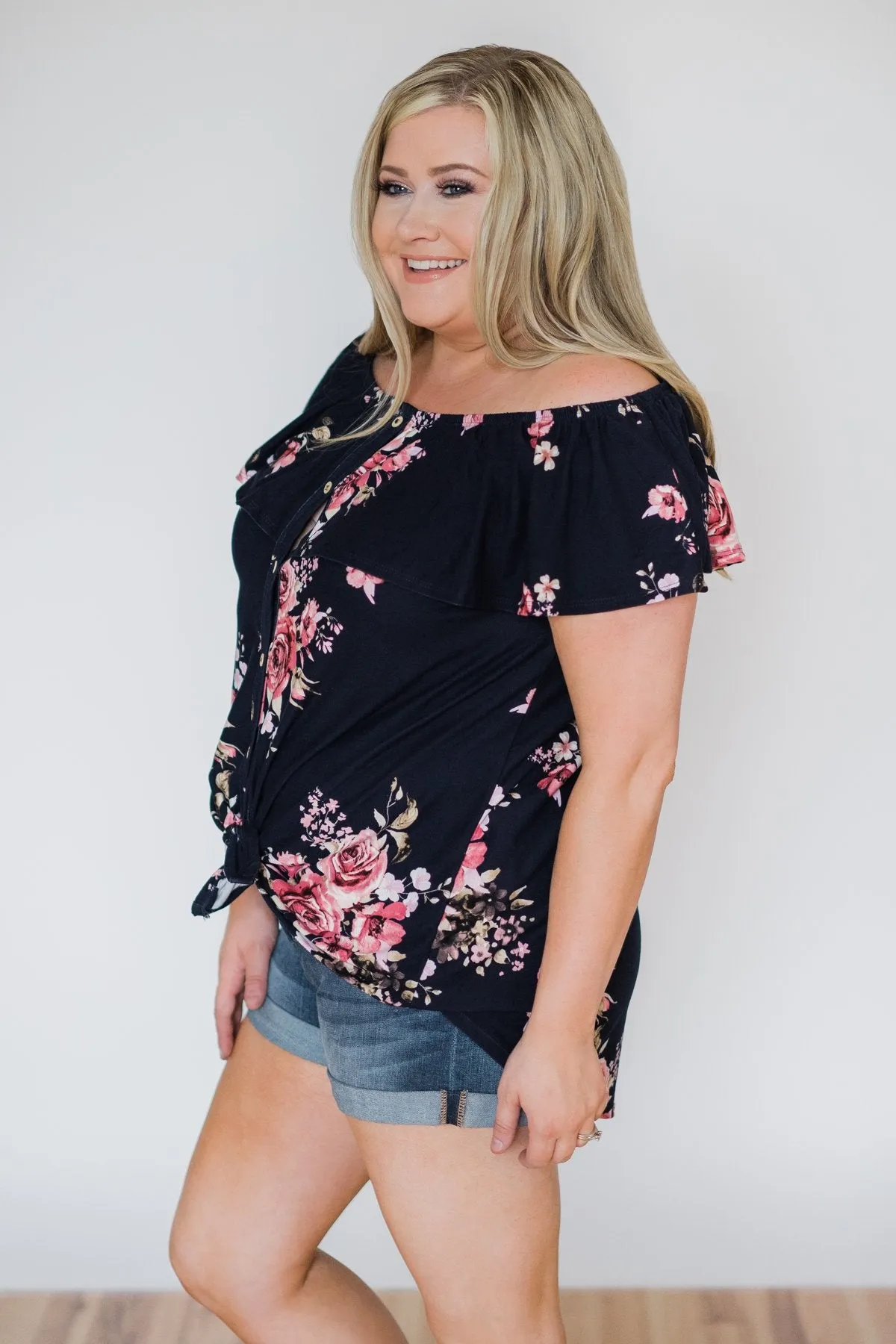 Best of Luck Floral Off the Shoulder Top- Navy