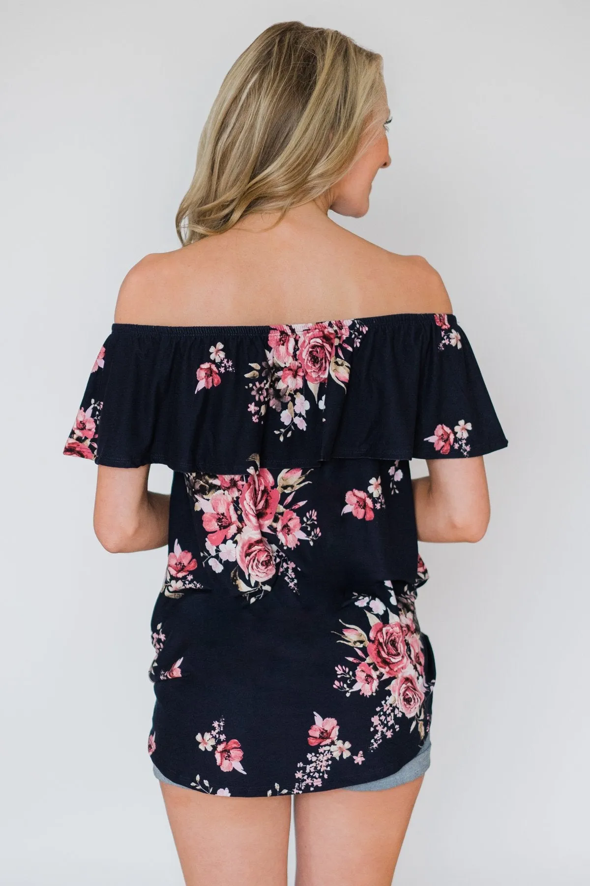 Best of Luck Floral Off the Shoulder Top- Navy