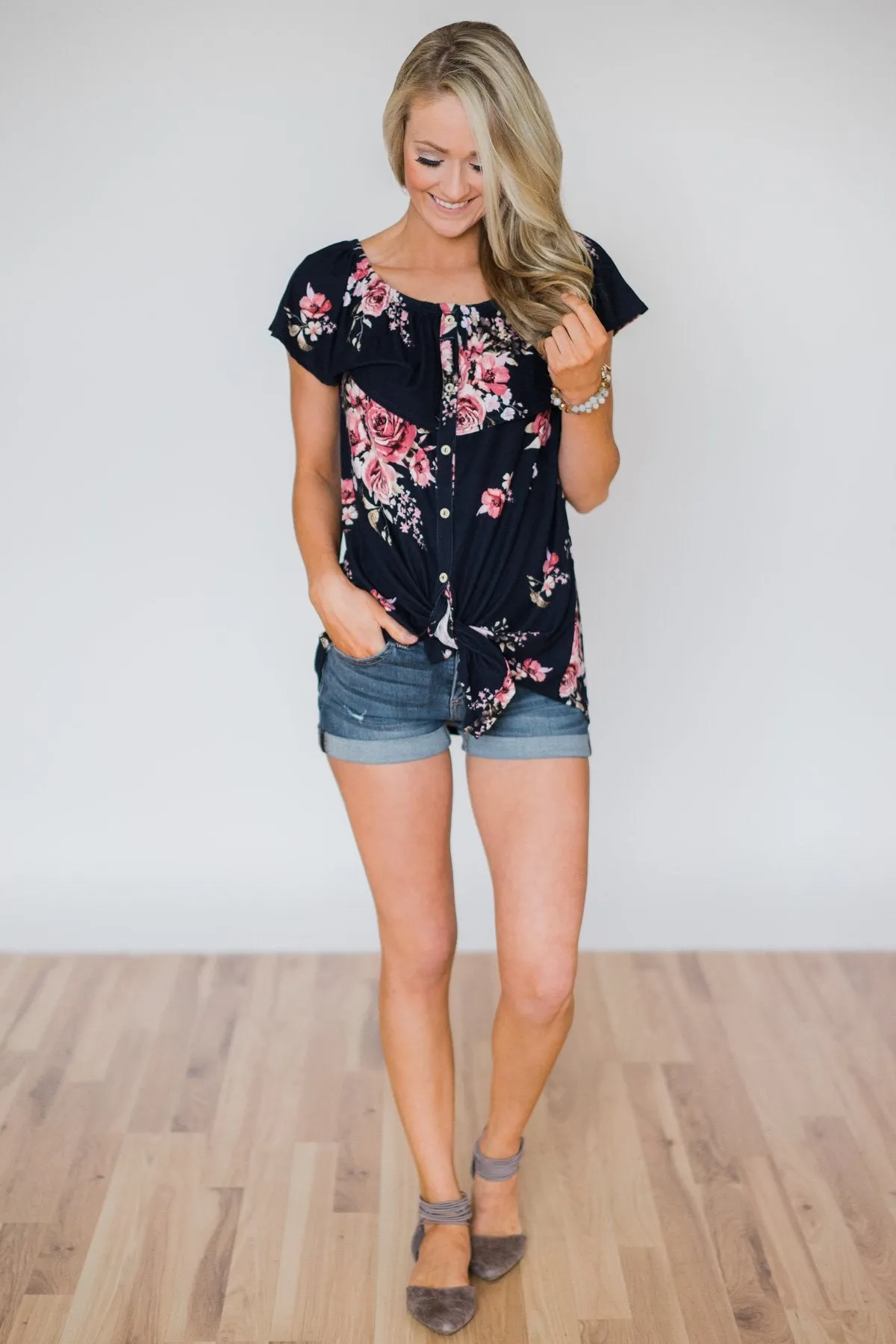 Best of Luck Floral Off the Shoulder Top- Navy