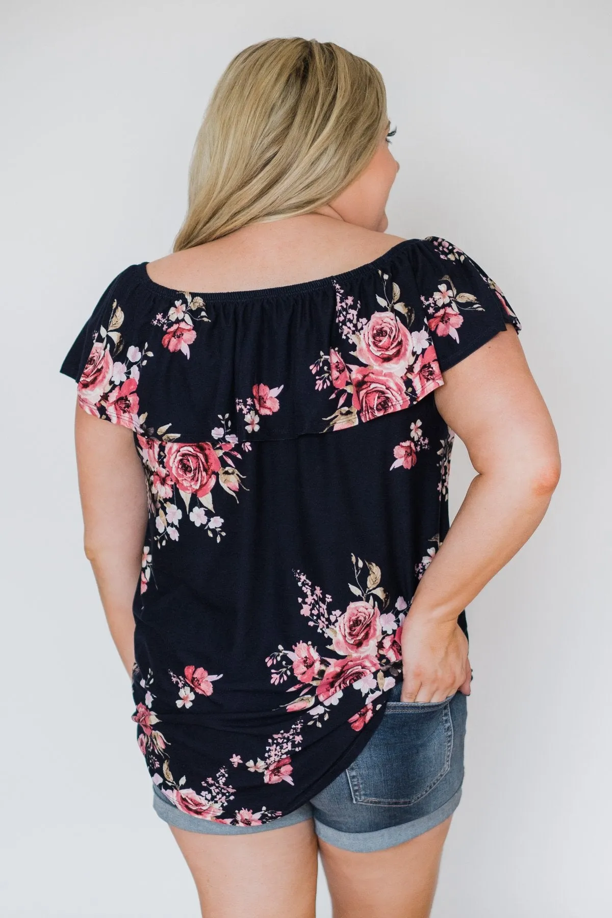 Best of Luck Floral Off the Shoulder Top- Navy