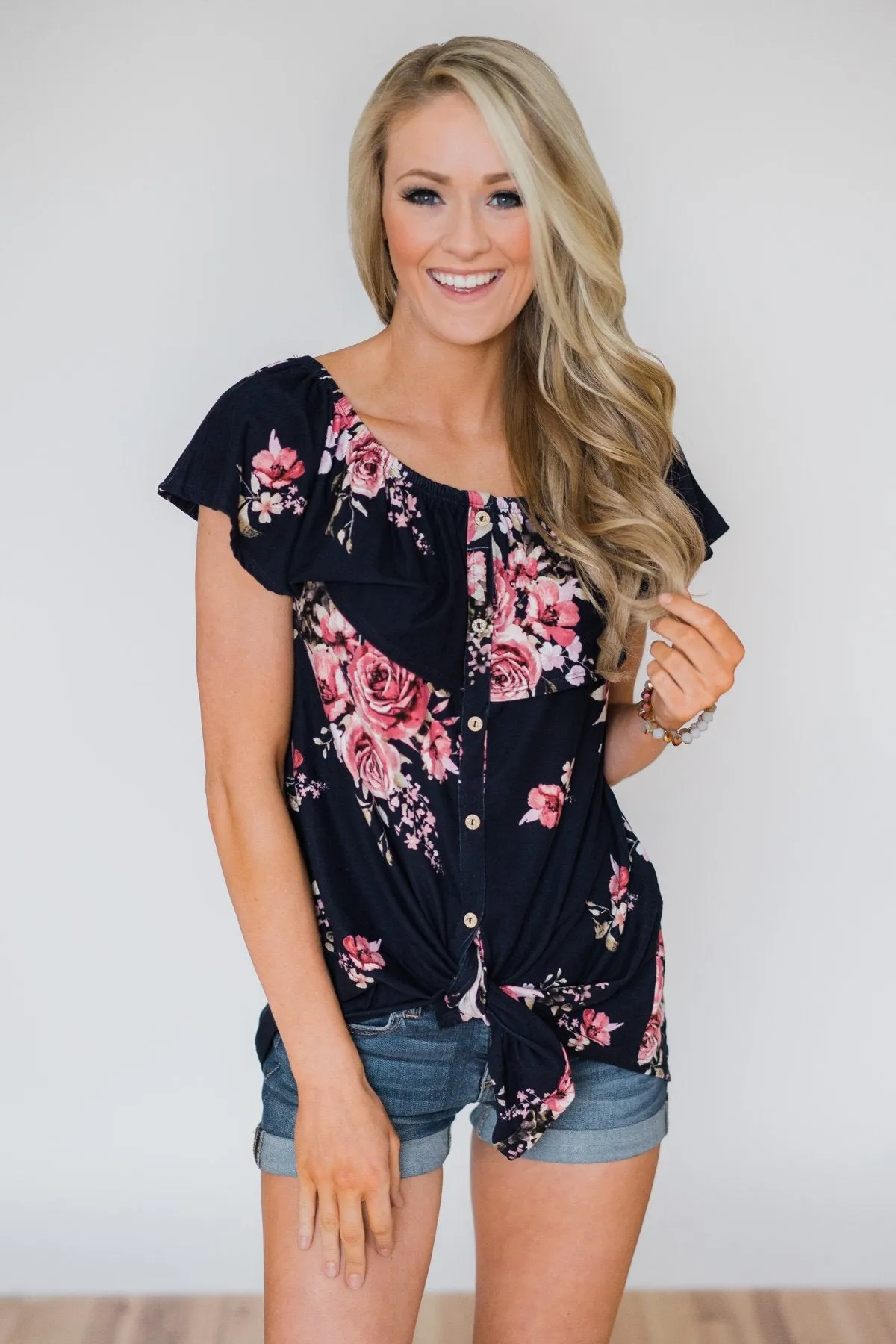 Best of Luck Floral Off the Shoulder Top- Navy