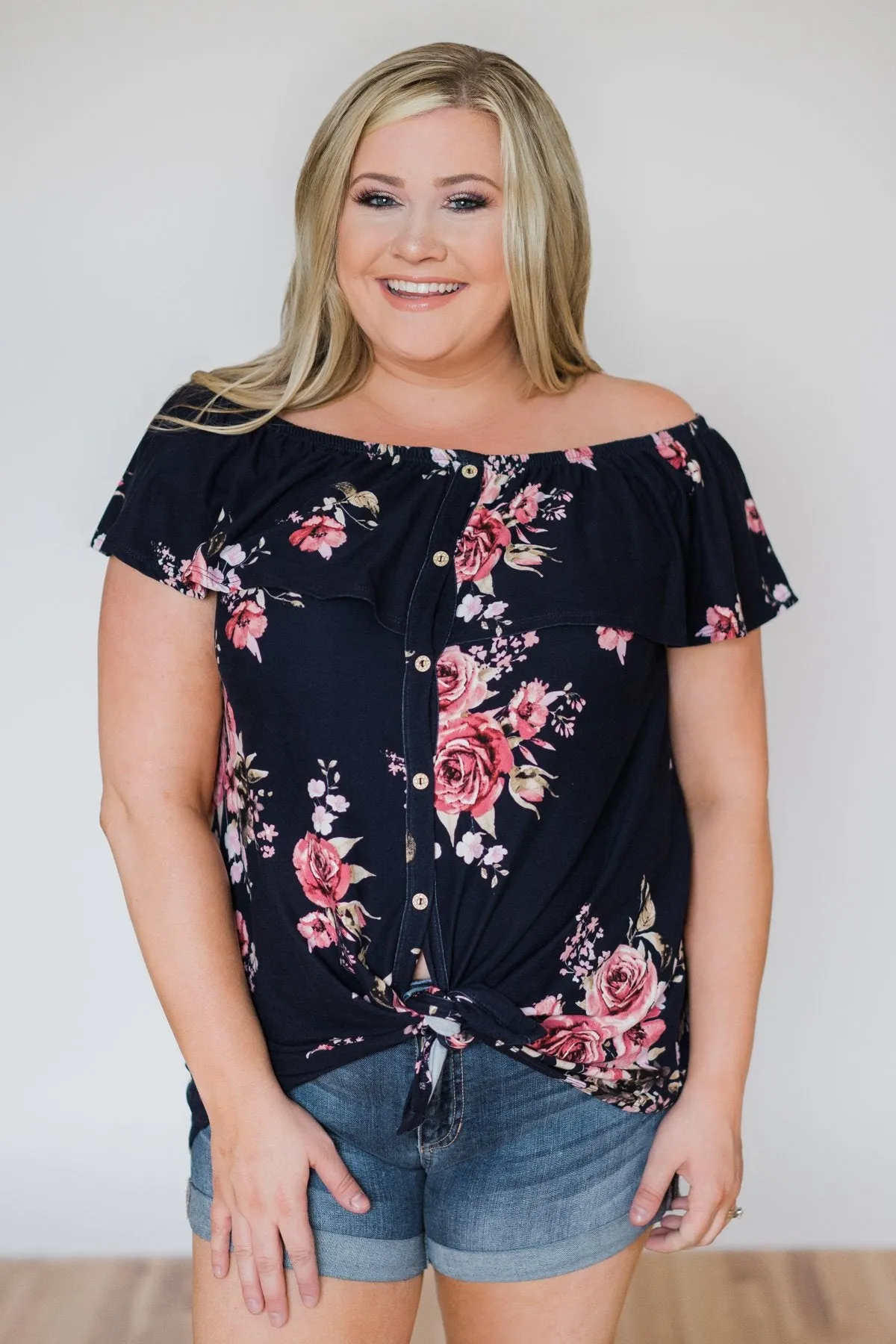 Best of Luck Floral Off the Shoulder Top- Navy