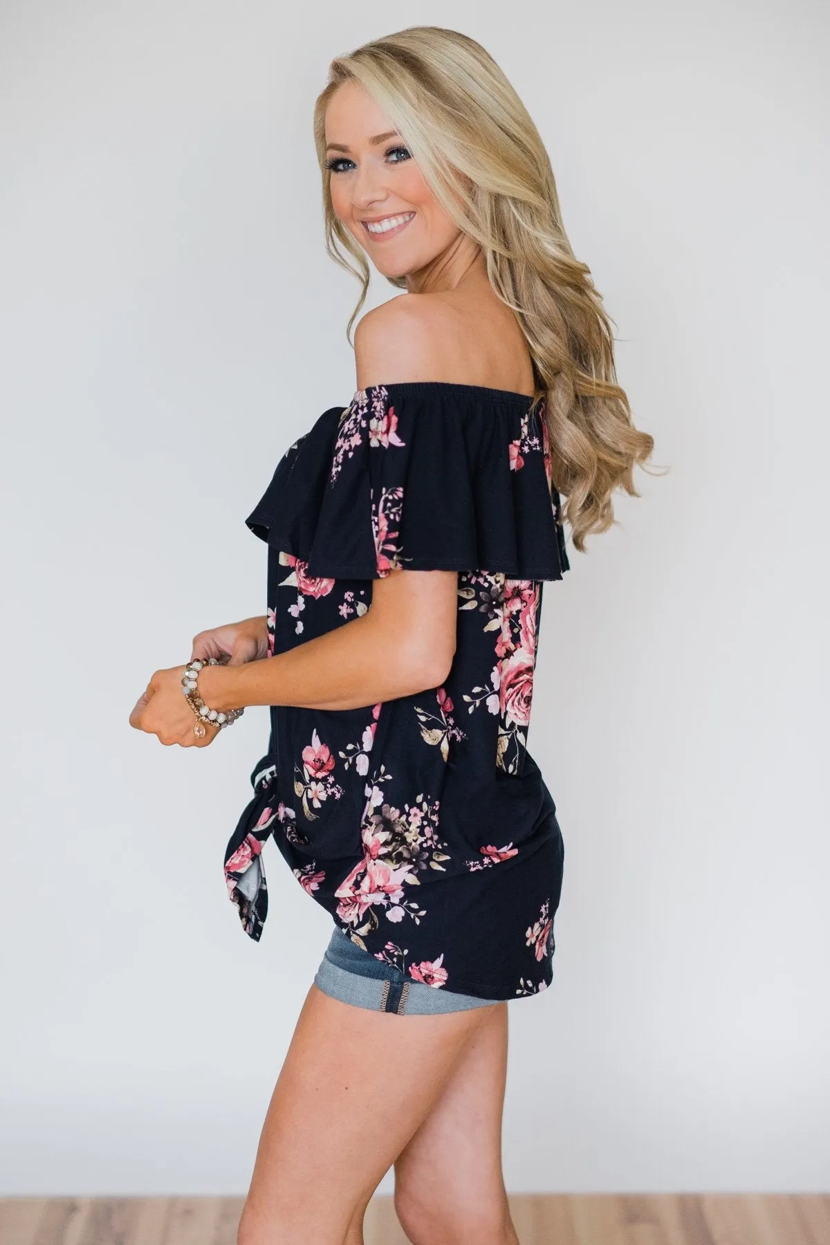 Best of Luck Floral Off the Shoulder Top- Navy