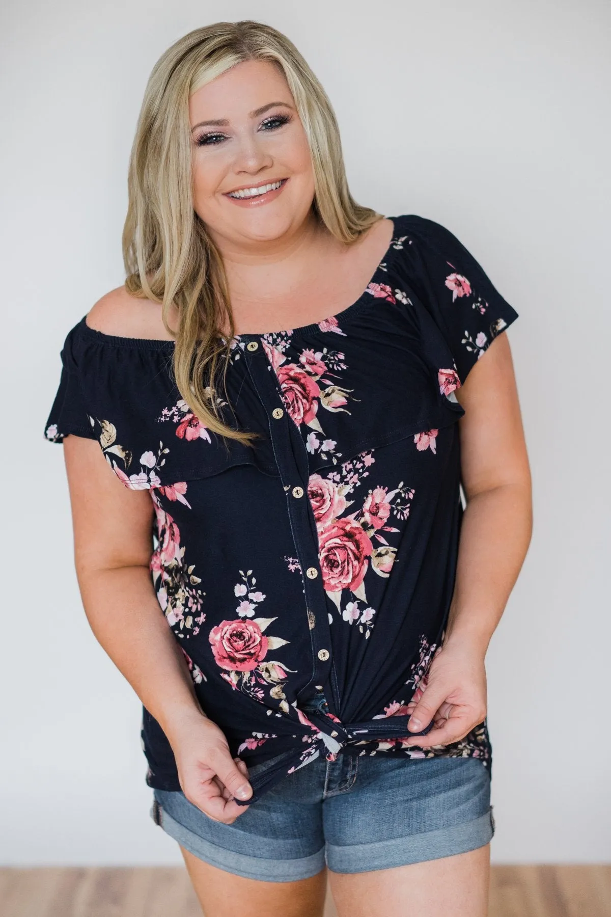 Best of Luck Floral Off the Shoulder Top- Navy