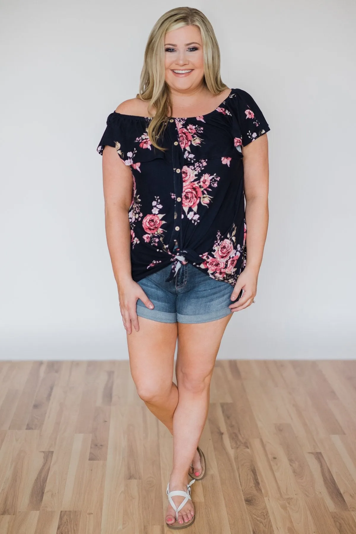 Best of Luck Floral Off the Shoulder Top- Navy