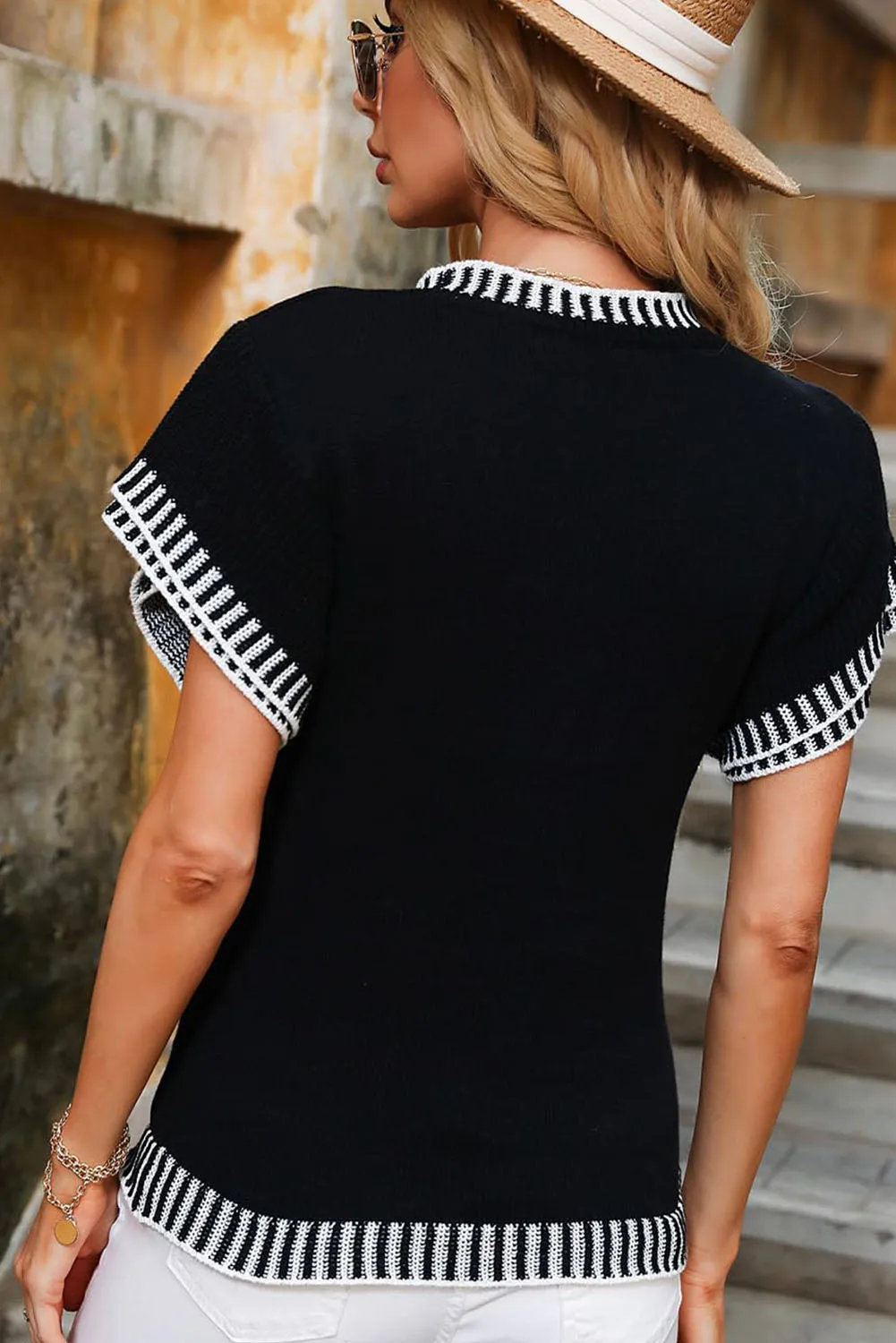 Black Contrast Trim Round Neck Batwing Sleeve Knitted Top
