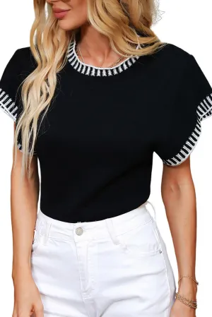 Black Contrast Trim Round Neck Batwing Sleeve Knitted Top