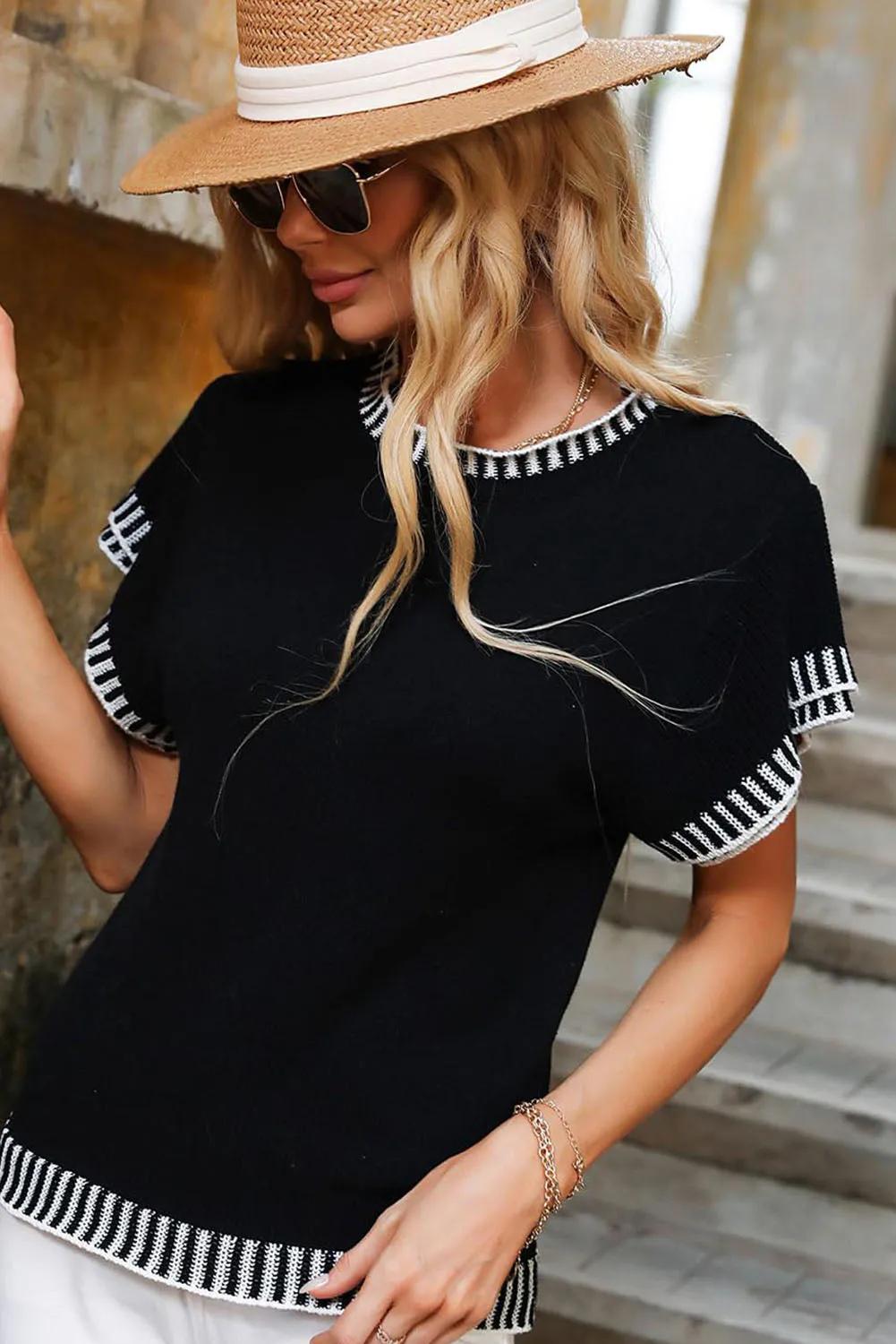 Black Contrast Trim Round Neck Batwing Sleeve Knitted Top