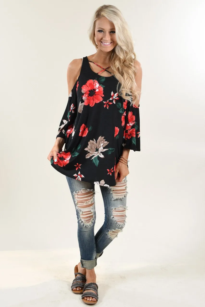 Black Floral Off the Shoulder Top