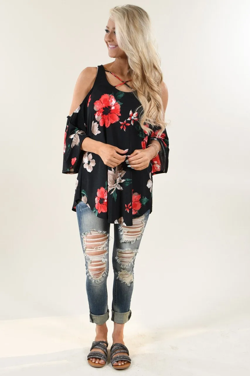 Black Floral Off the Shoulder Top