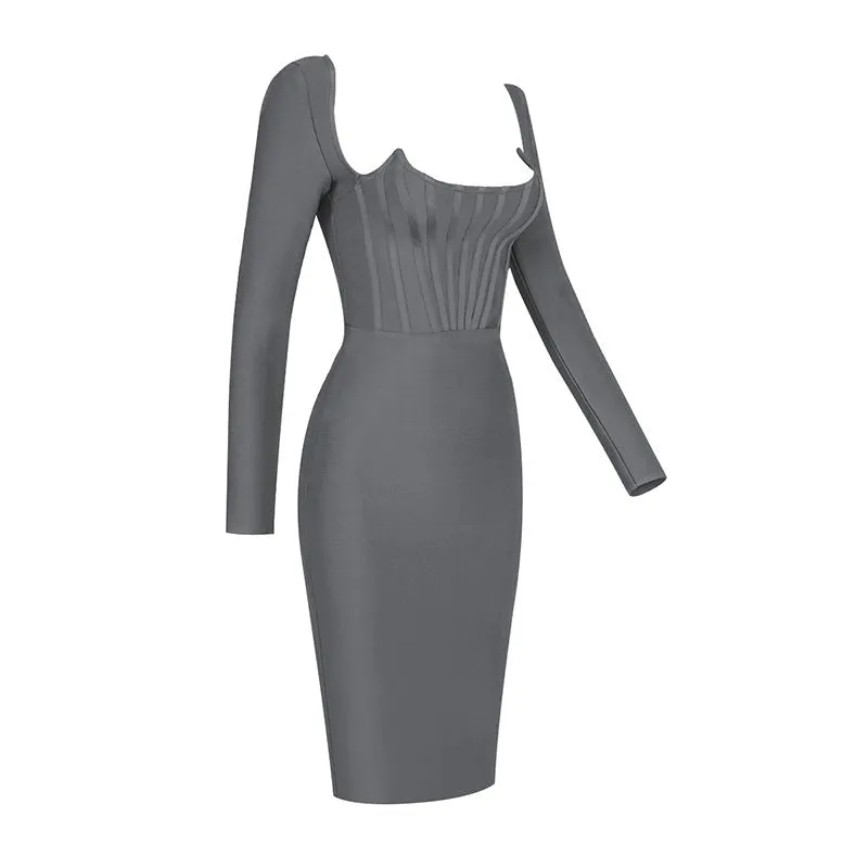 Black Grey Long Sleeve Bodycon Rayon Bandage Dress