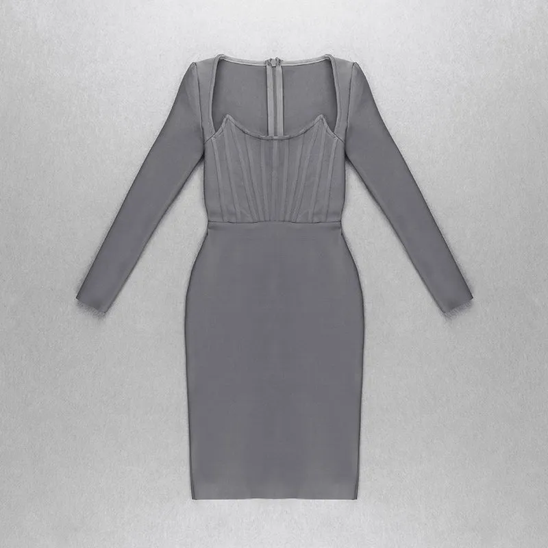 Black Grey Long Sleeve Bodycon Rayon Bandage Dress