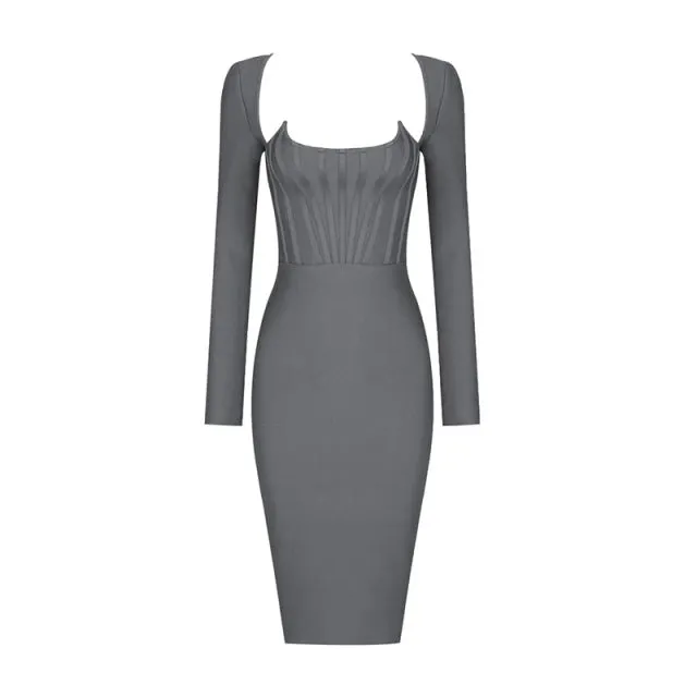 Black Grey Long Sleeve Bodycon Rayon Bandage Dress