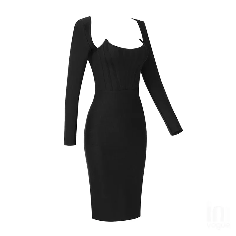 Black Grey Long Sleeve Bodycon Rayon Bandage Dress